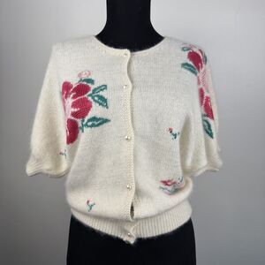 Vintage 80s 90s Angora Blend Floral Cardigan Short Sleeve, Made in Hong Kong